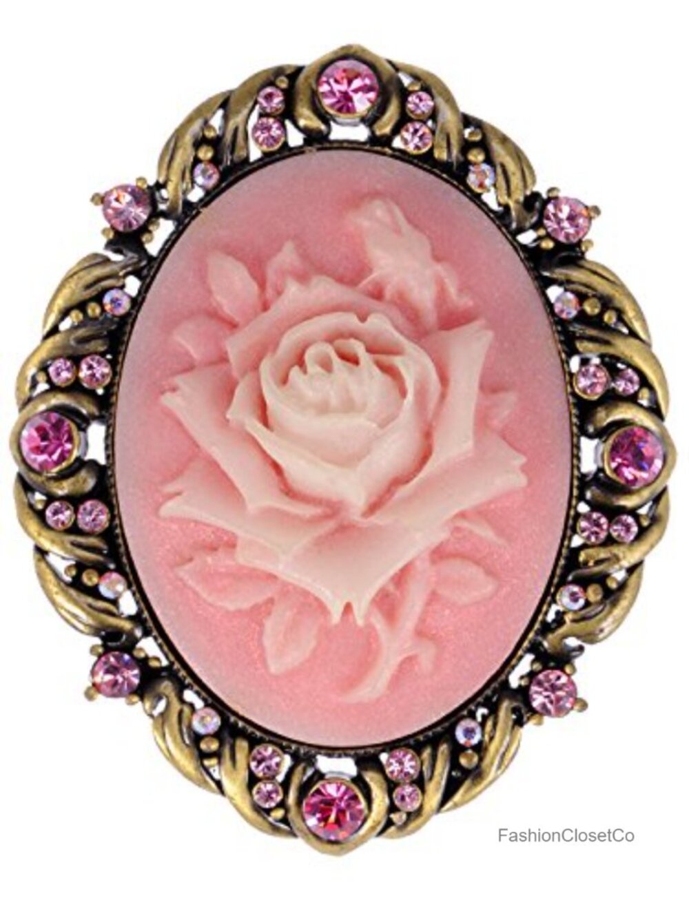 Crystal Flower Cameo Pin Brooch Vintage Inspired Pink Rhinestone